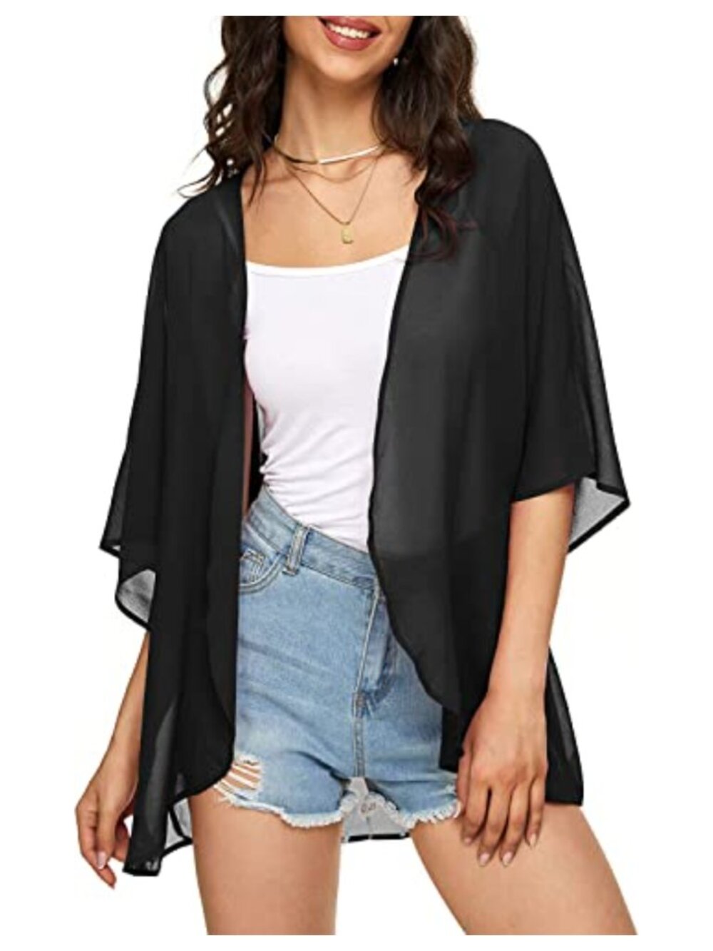 Chiffon Kimono Cardigan Loose Fit Open Front Puff Sleeve Cover Up Plus Size